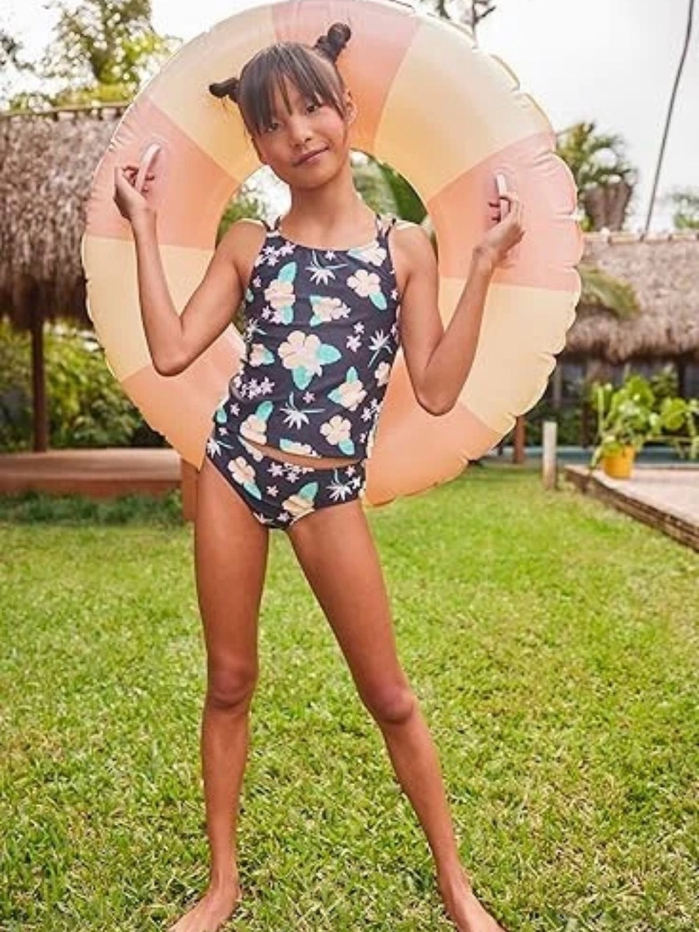 NWT Hurley Swim Size 16 2 Piece Criss Cross Straps Upf50+ Tankini Black Floral